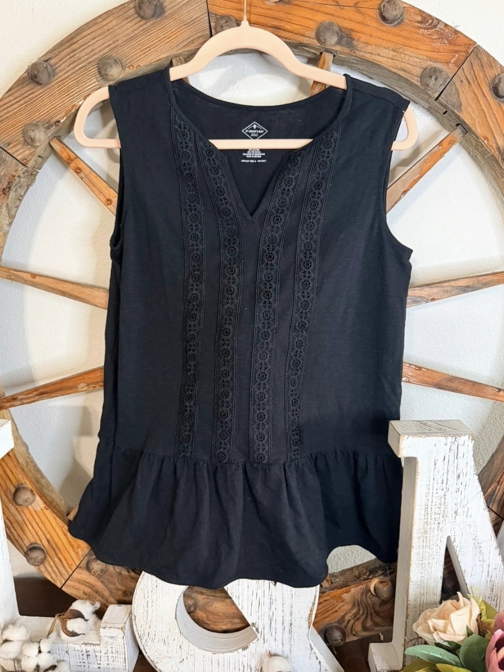 St. John's Bay Black Sleeveless Peplum Camisole with Lace Panel
